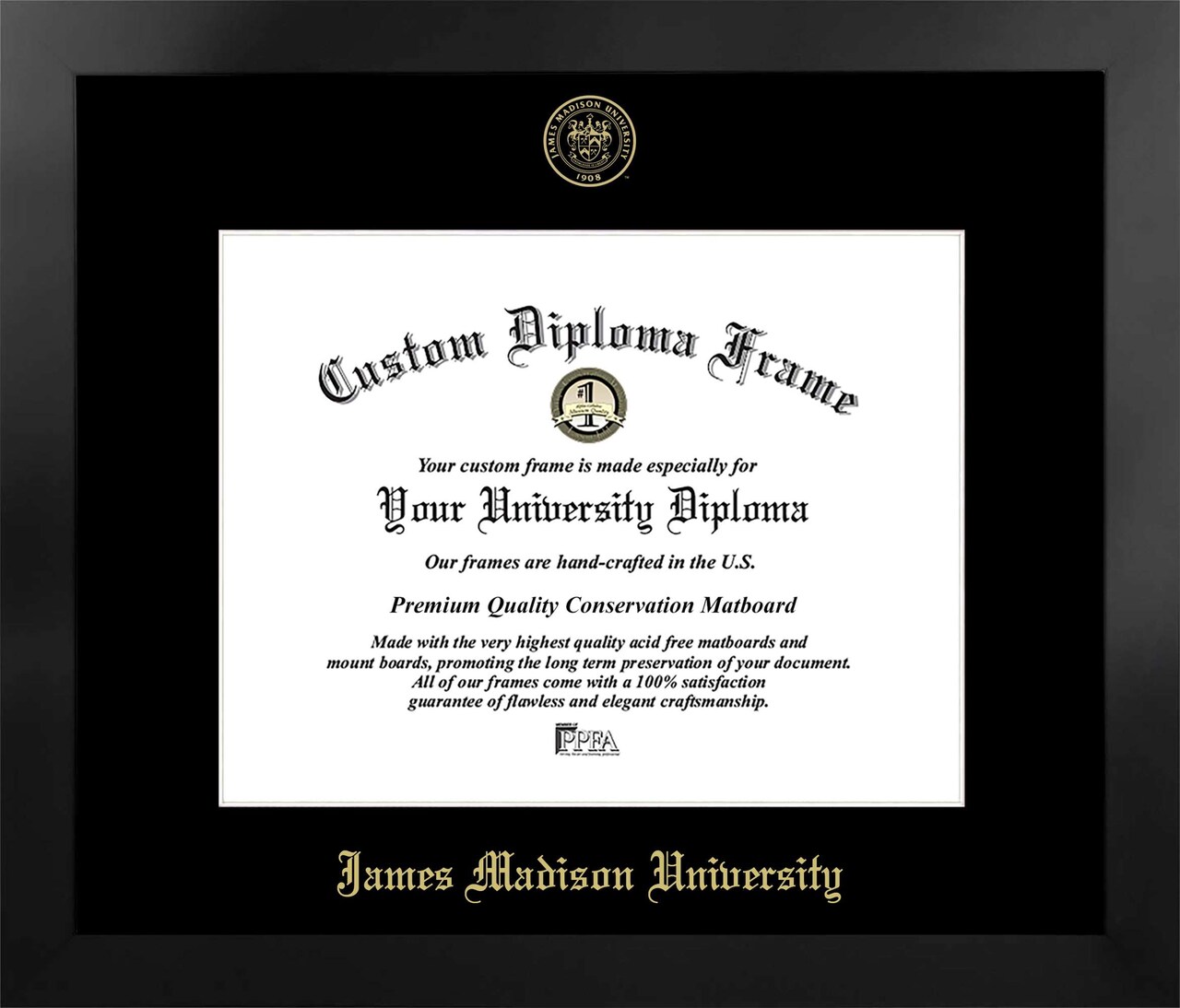 James Madison University 16w x 12h Manhattan Black Single Mat Gold Embossed Diploma Frame with Bonus Campus Images Lithograph (value savings at $59)